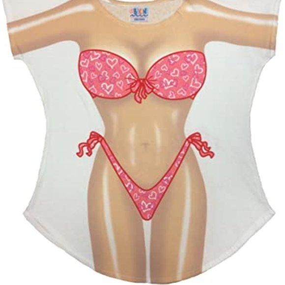 Other - Pink bikini heart printed cover up tee OS NEW